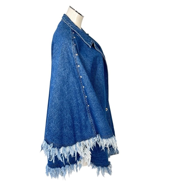 VTG CELE'S COLLECTION Silver Stud Denim Fringe Poncho Jacket Women's Size L - Picture 4 of 16